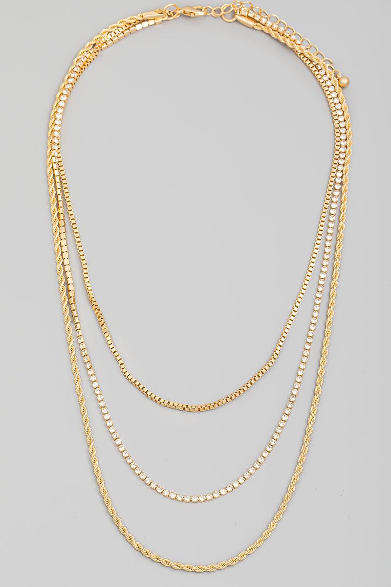Gold Abssorted Layered Rhinestone Chain Link Necklace